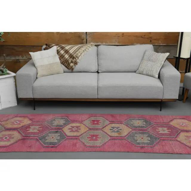 Vintage Turkish Hand-Knotted Wool Cotton Pink Runner Rug 94x329