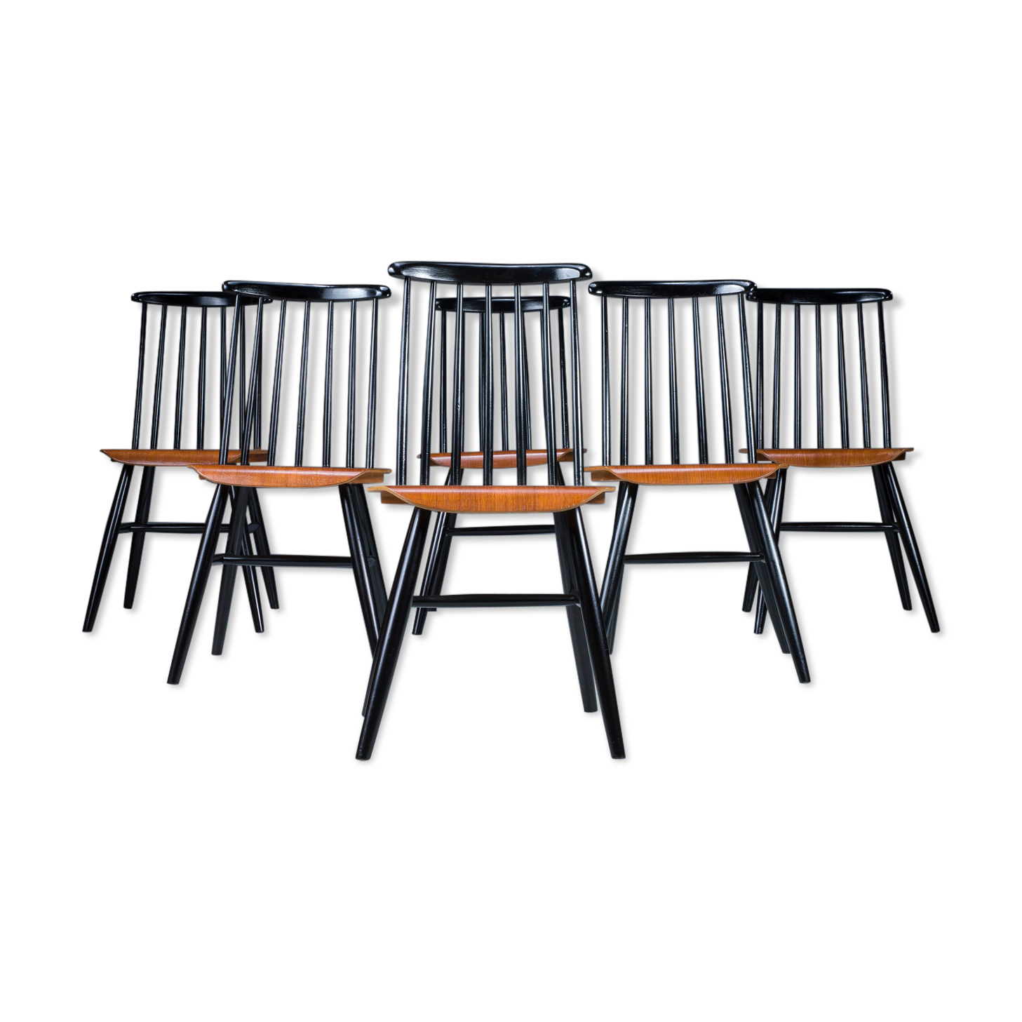 French Fanett Beech and Teak Chairs by Ilmari Tapiovaara, 1960s, Set of 6