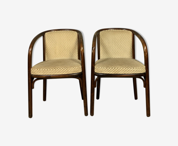Baumann france pretty pair of curved wooden armchairs circa 1960-1970