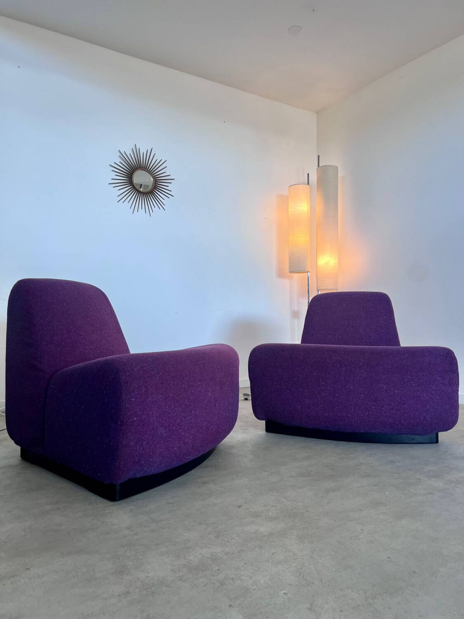 Lot 2 low chairs Space Age design from the 70s purple fabric vintage armchair