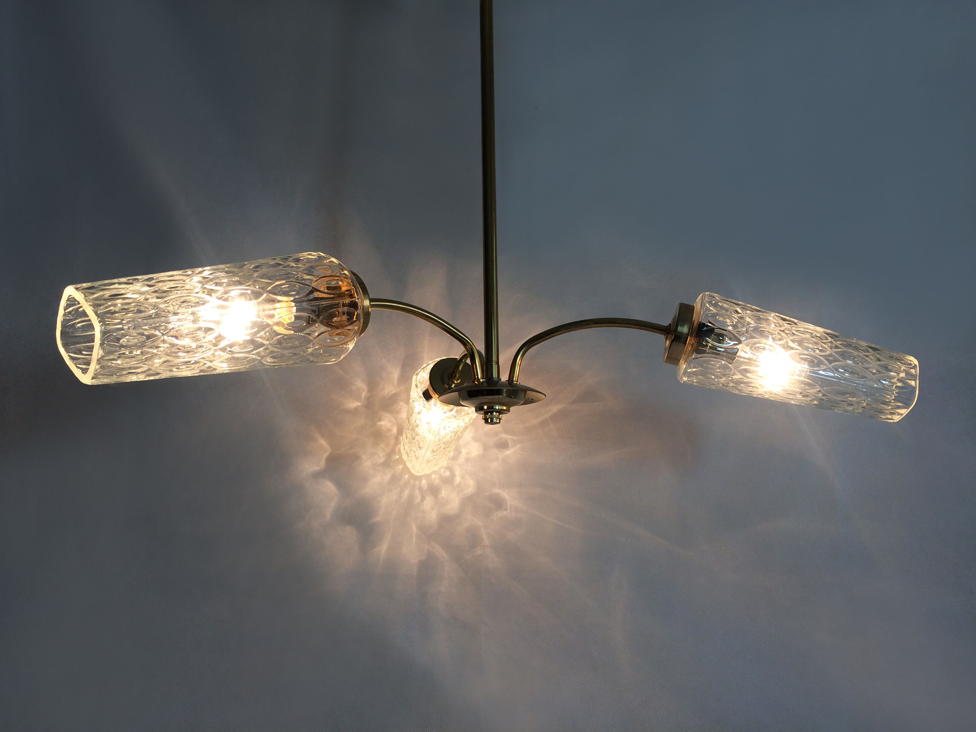 Branched chandelier, brass and glass tubes year 60