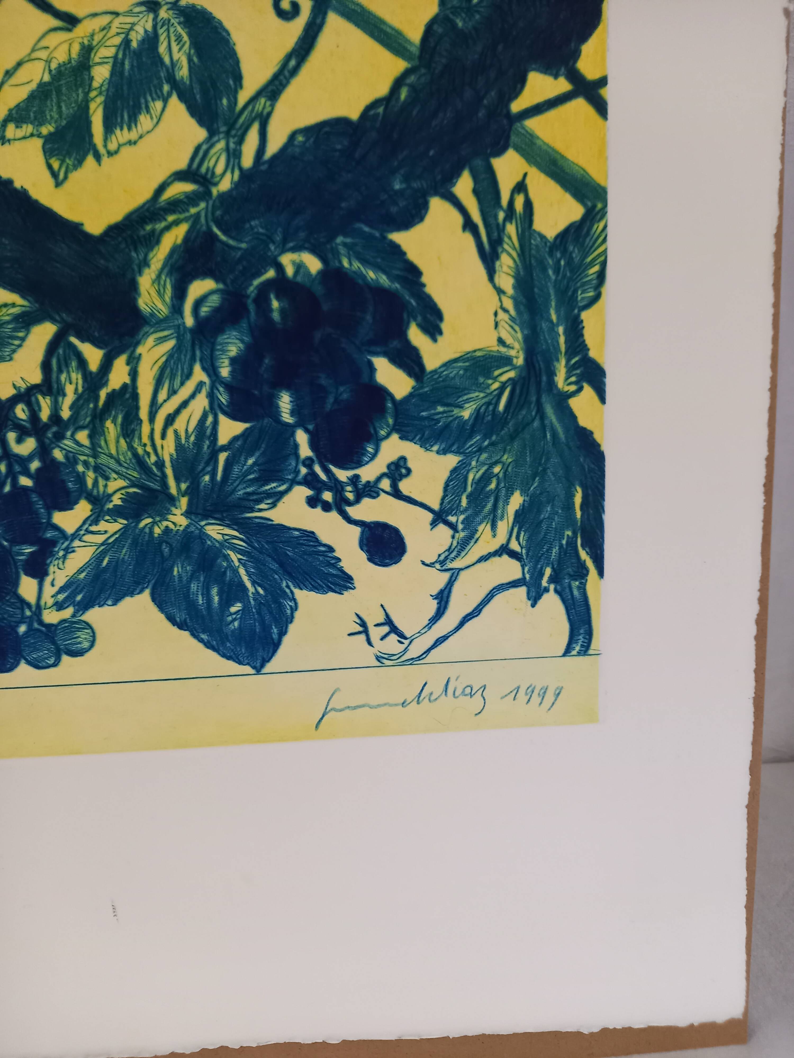 Original lithograph by Gérard Diaz (1938-2021), "la vigne, le raisin, le vin", 1999.