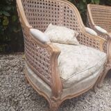 Louis XV style living room sofa and 2 armchairs - canework and carved wood