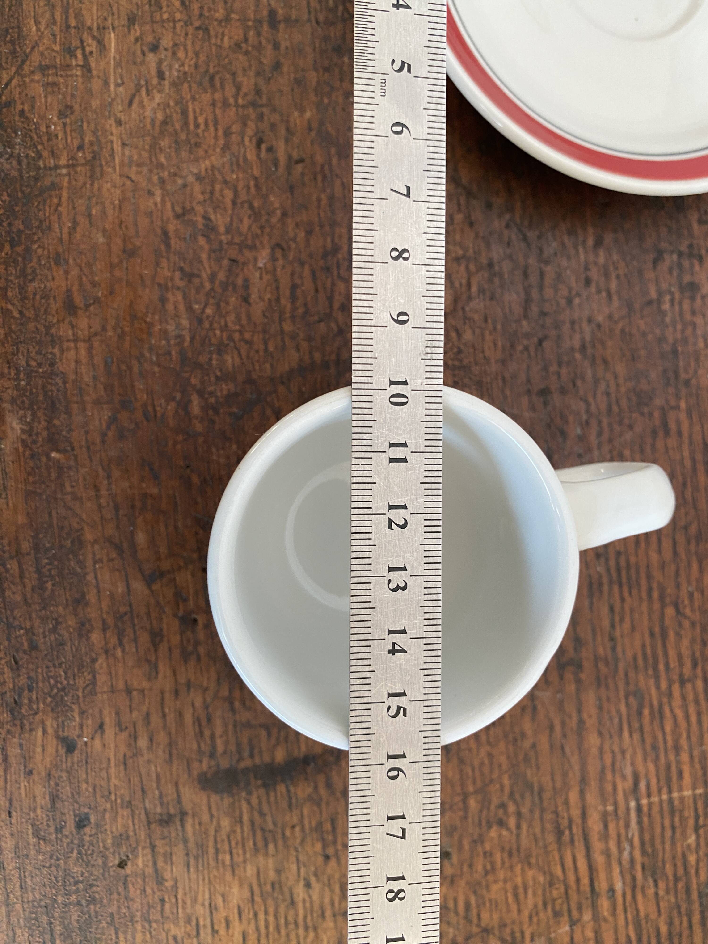 2 coffee cups and bistro saucers, Sarreguemines, vintage Red Band