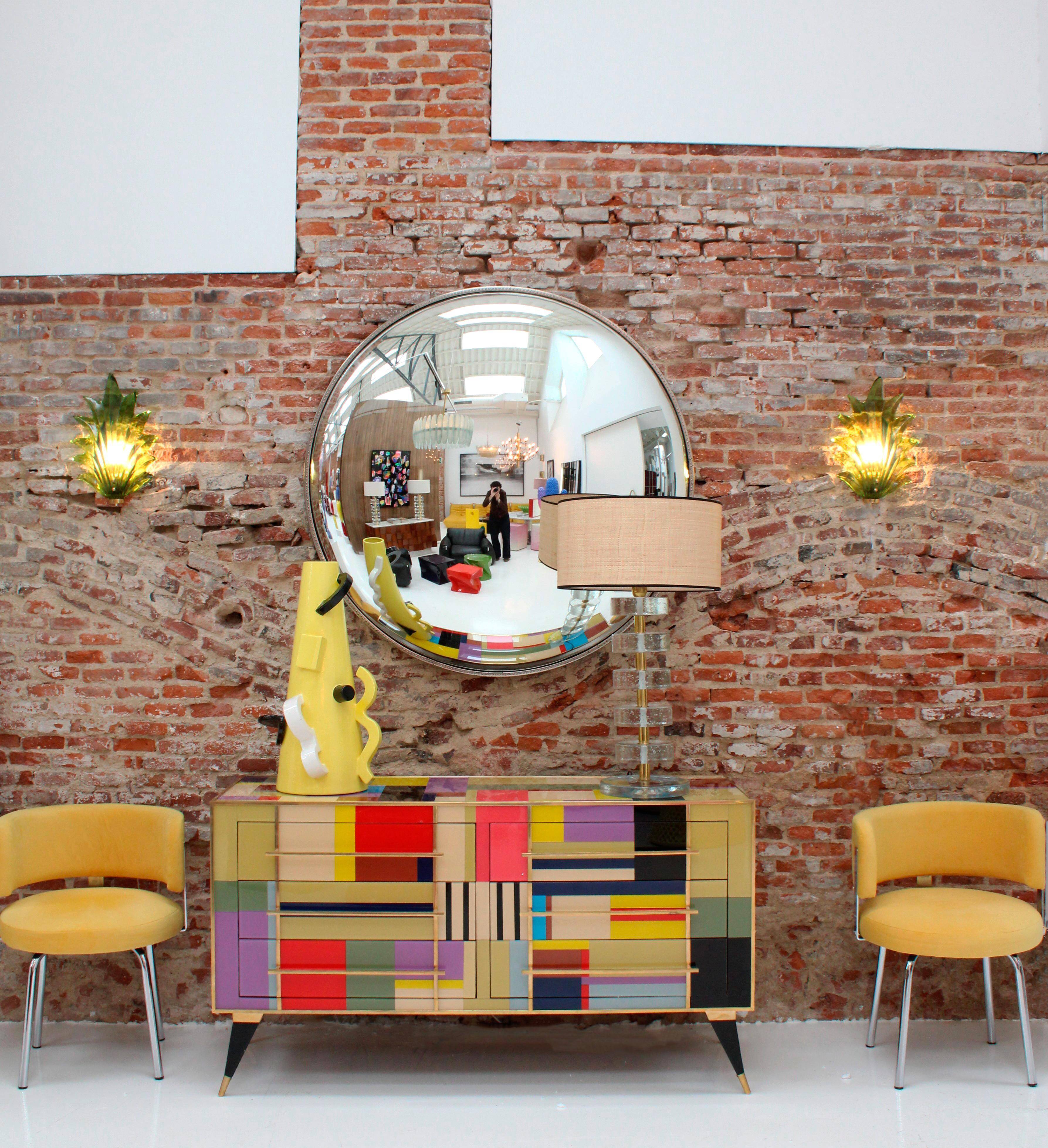 Mid Century Modern Style Large French Wall Mounted Round Convex Silver Mirror