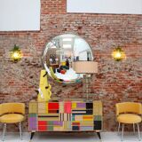 Mid Century Modern Style Large French Wall Mounted Round Convex Silver Mirror