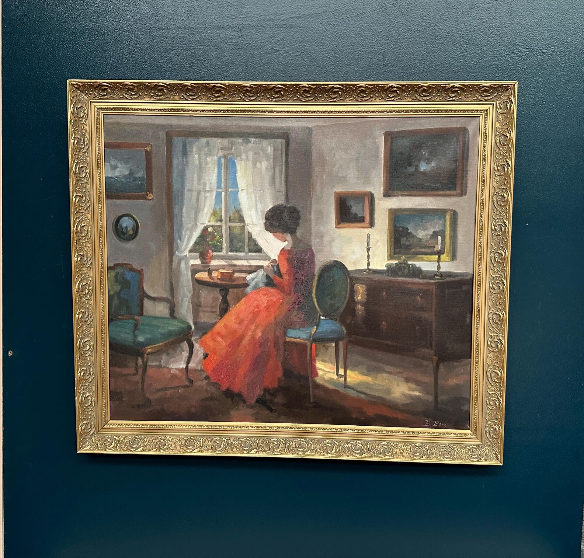 Scandinavian Oil on Canvas – Interior Scene by Bente Berg – Vintage