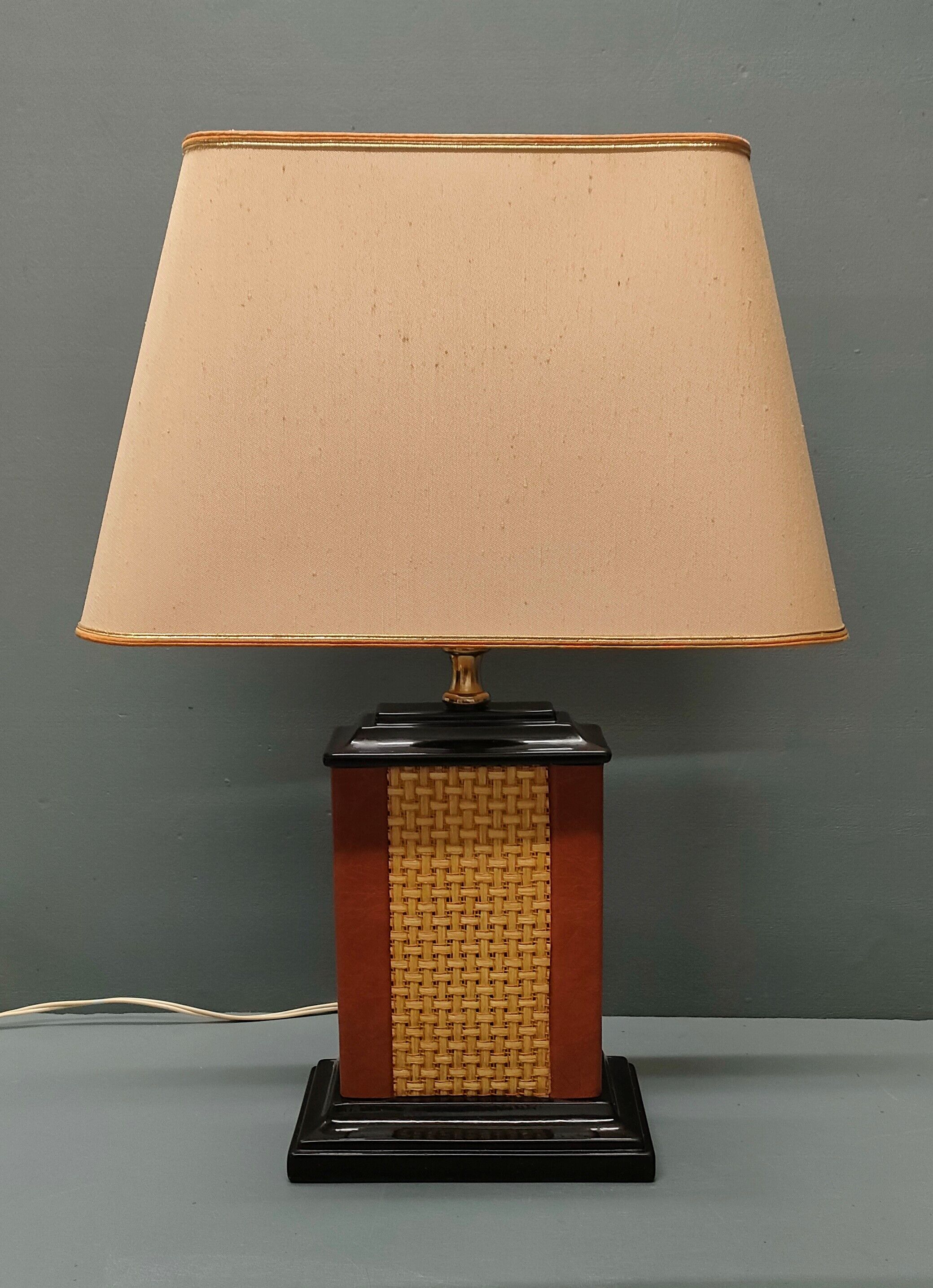 Lamp Le Dauphin black ceramic glazed, wicker canelé, imitation leather havana ~ 70's