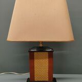 Lamp Le Dauphin black ceramic glazed, wicker canelé, imitation leather havana ~ 70's