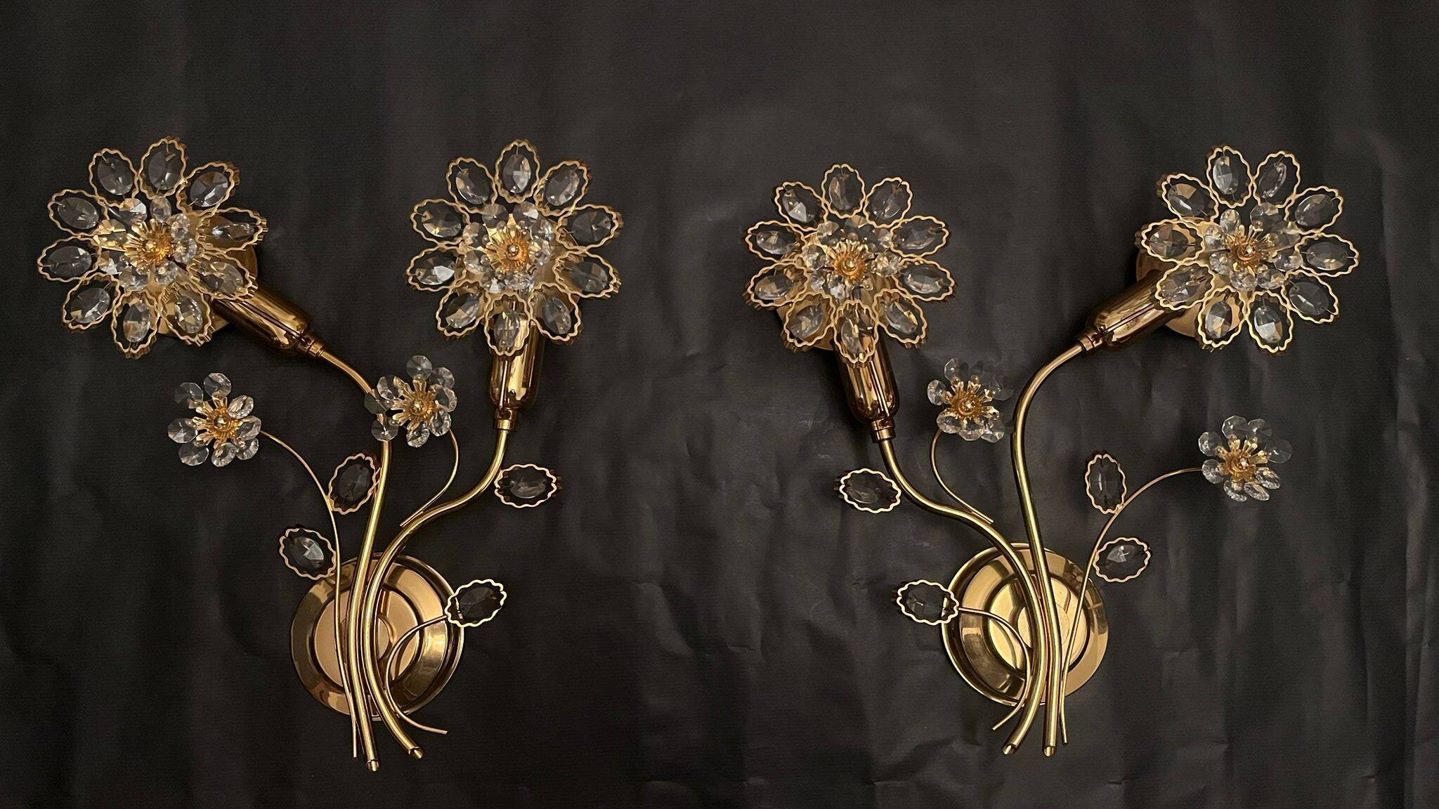 Set Hollywood Regency Wandlampe vergoldet Messing Swarovski-Kristalle Palwa