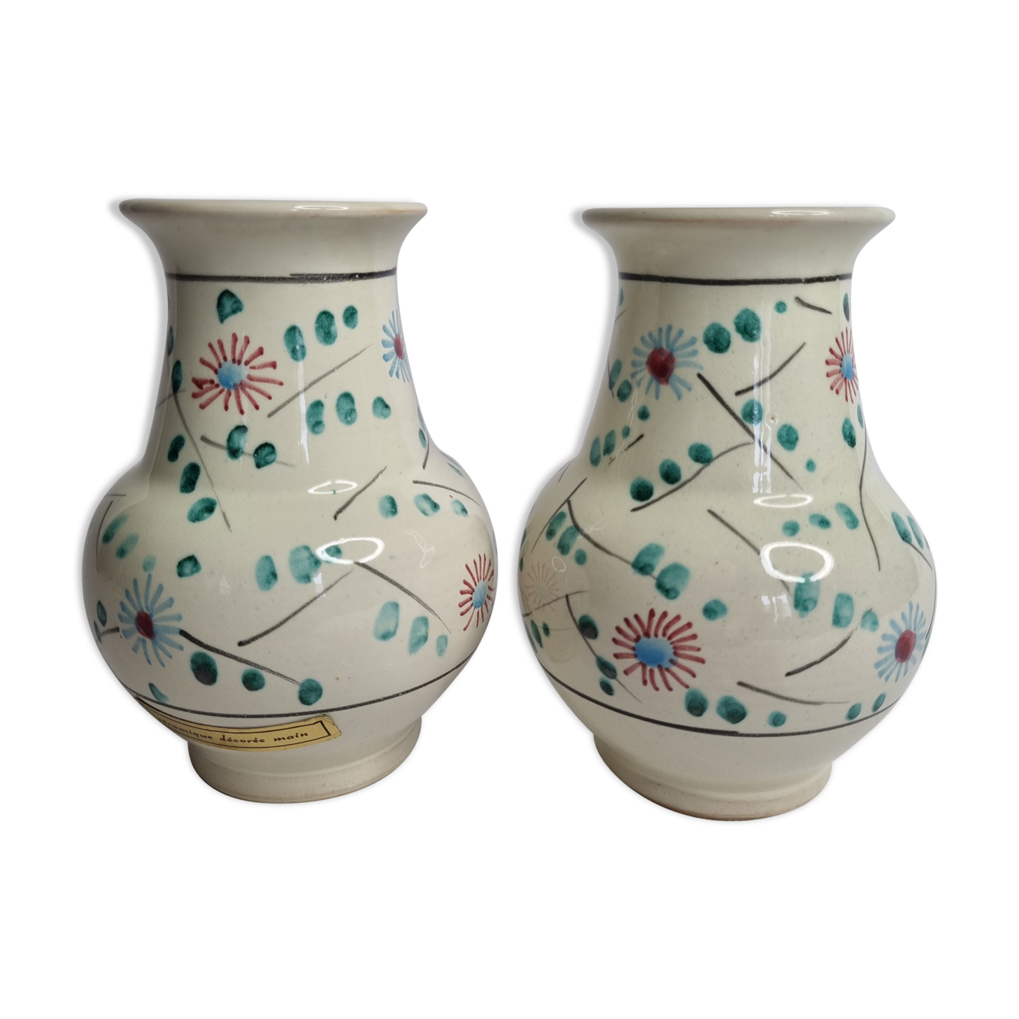 Pair of hand decorated enamelled ceramic vases, 13 cm