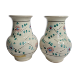 Pair of hand decorated enamelled ceramic vases, 13 cm