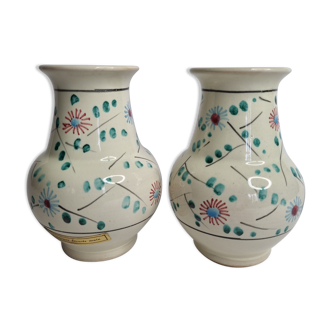 Pair of hand decorated enamelled ceramic vases, 13 cm