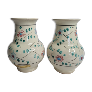 Pair of hand decorated enamelled ceramic vases, 13 cm