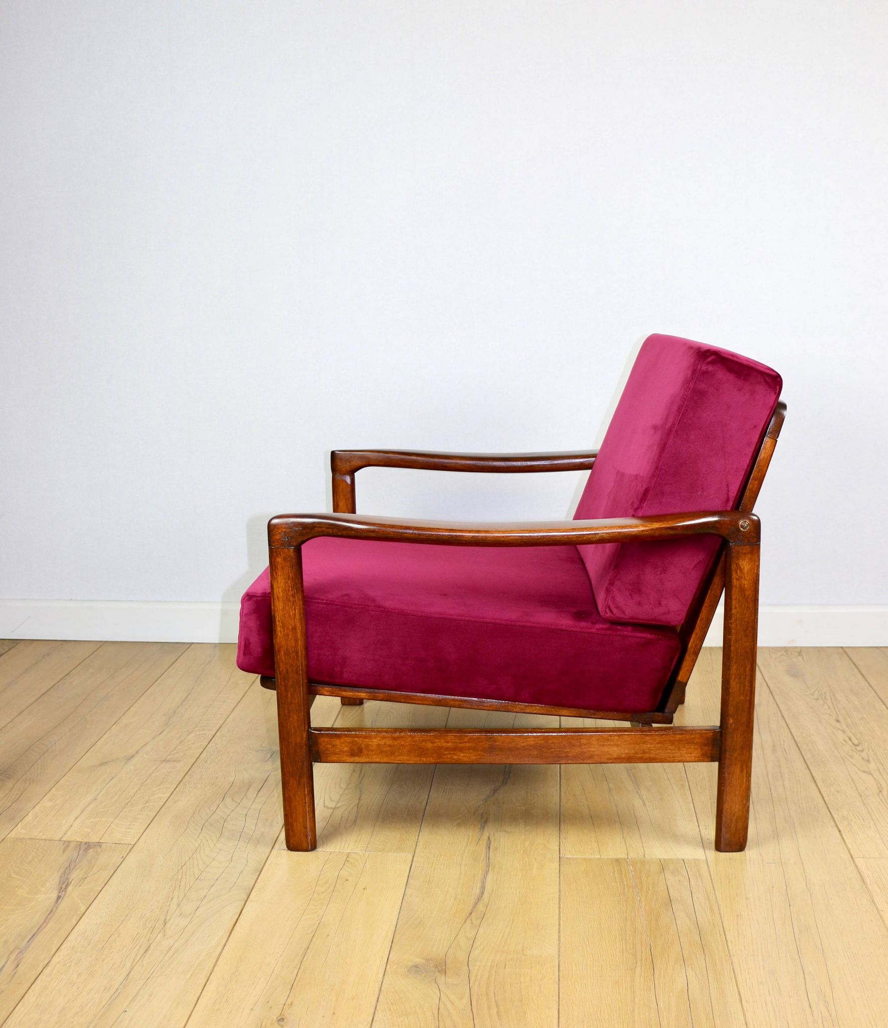 Wooden vintage brown armchair, burgundy raspberry, design by Z. Bączyk - 2 pieces available