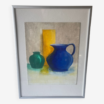 Still life oil on cardboard vases and jug