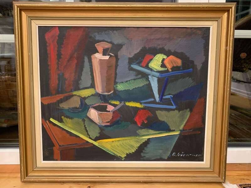 Original mid-century Swedish oil on canvas – “Kubisk Still Life” by Bror Göransson – vintage & framed – 75 × 64 cm (29.5" × 25.2")
