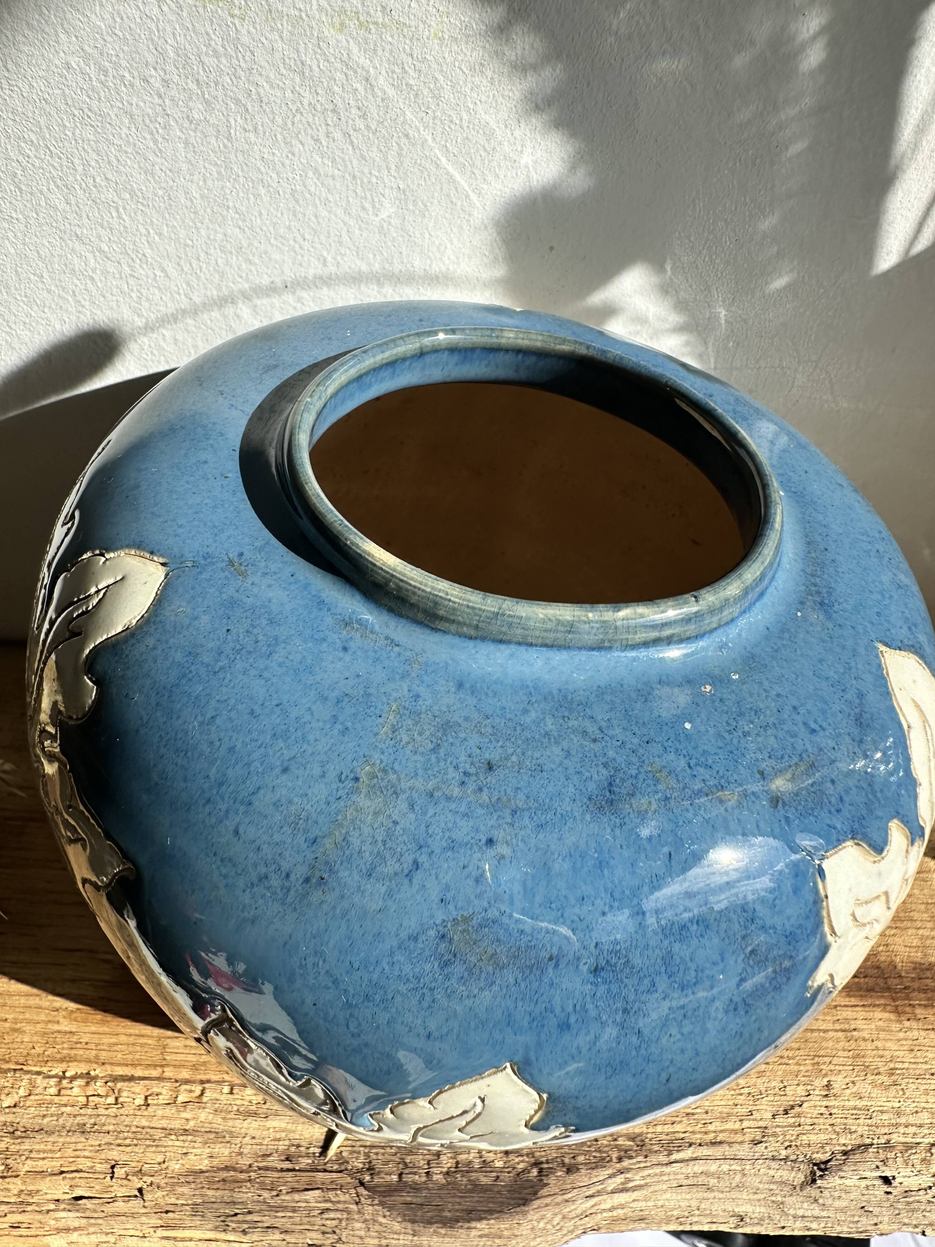 Magnificent Blue Glazed Ceramic Vase with White Plane Tree Leaves Decor