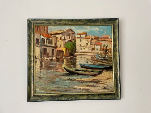 Painting signed Filhos oil on panel 1950 "Martigues"