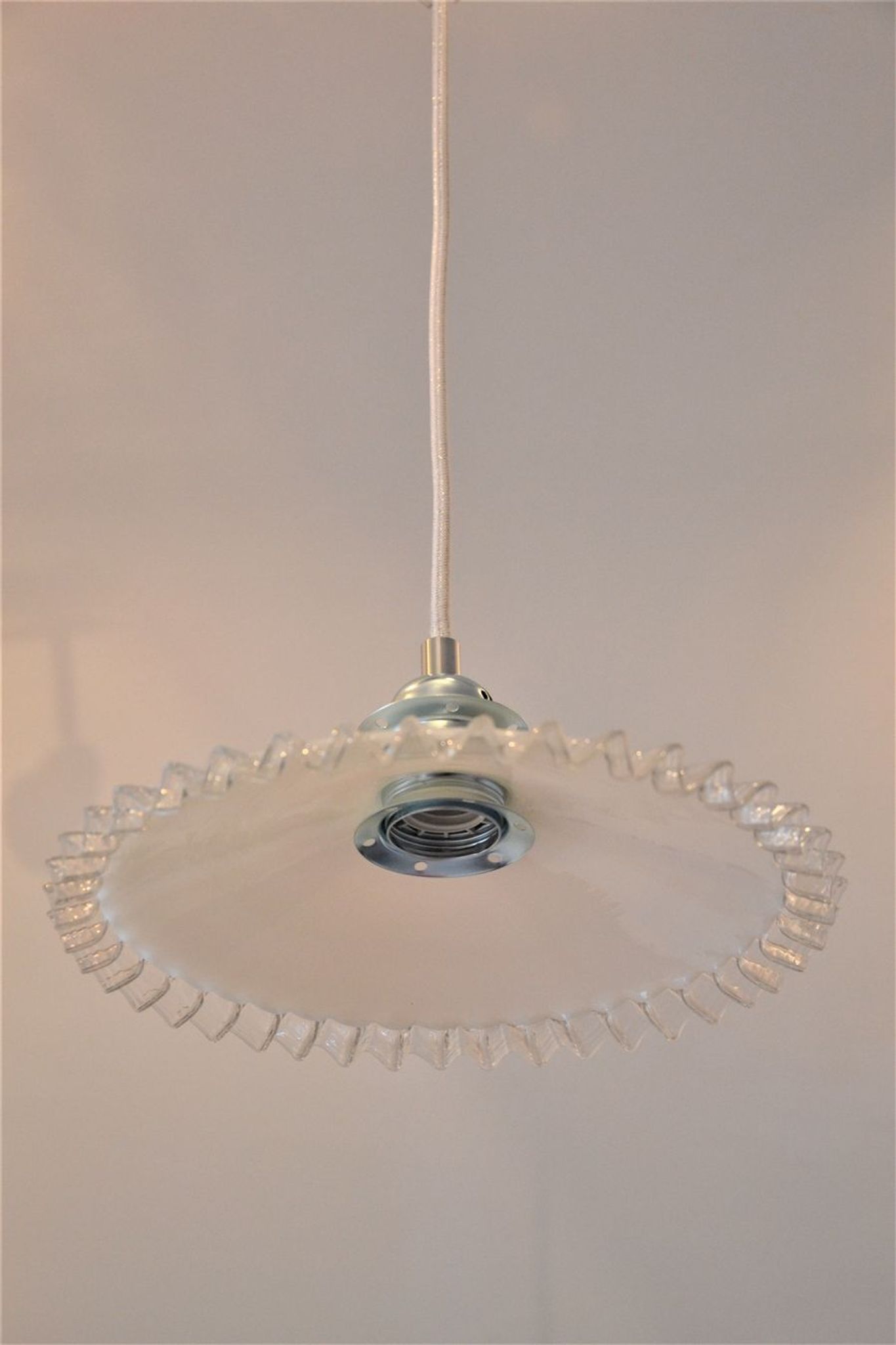 White scalloped opaline hanging and chrome metal sleeve
