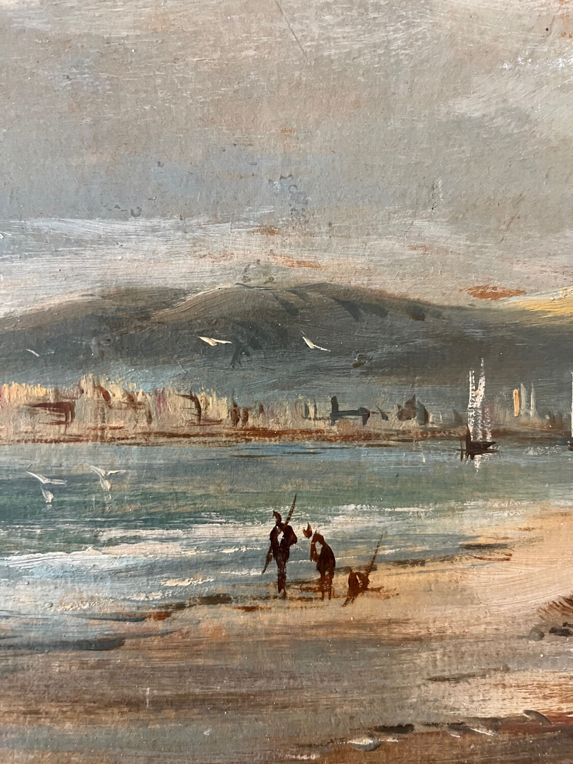 La baie, huile sur carton, cadre stuc doré