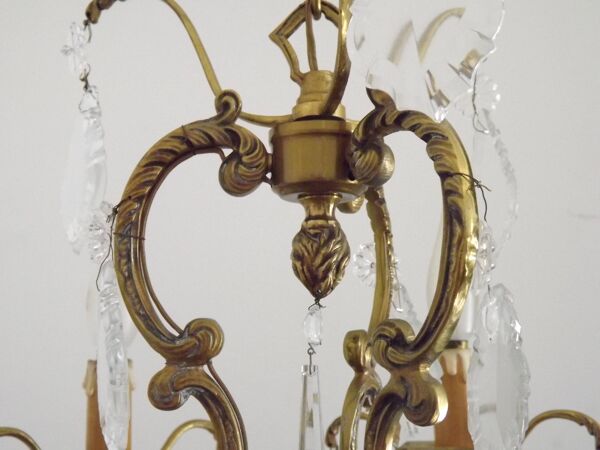Lustre en bronze à 6 lumières, en cristal, en cage à 3 côtés de style Art Nouveau.