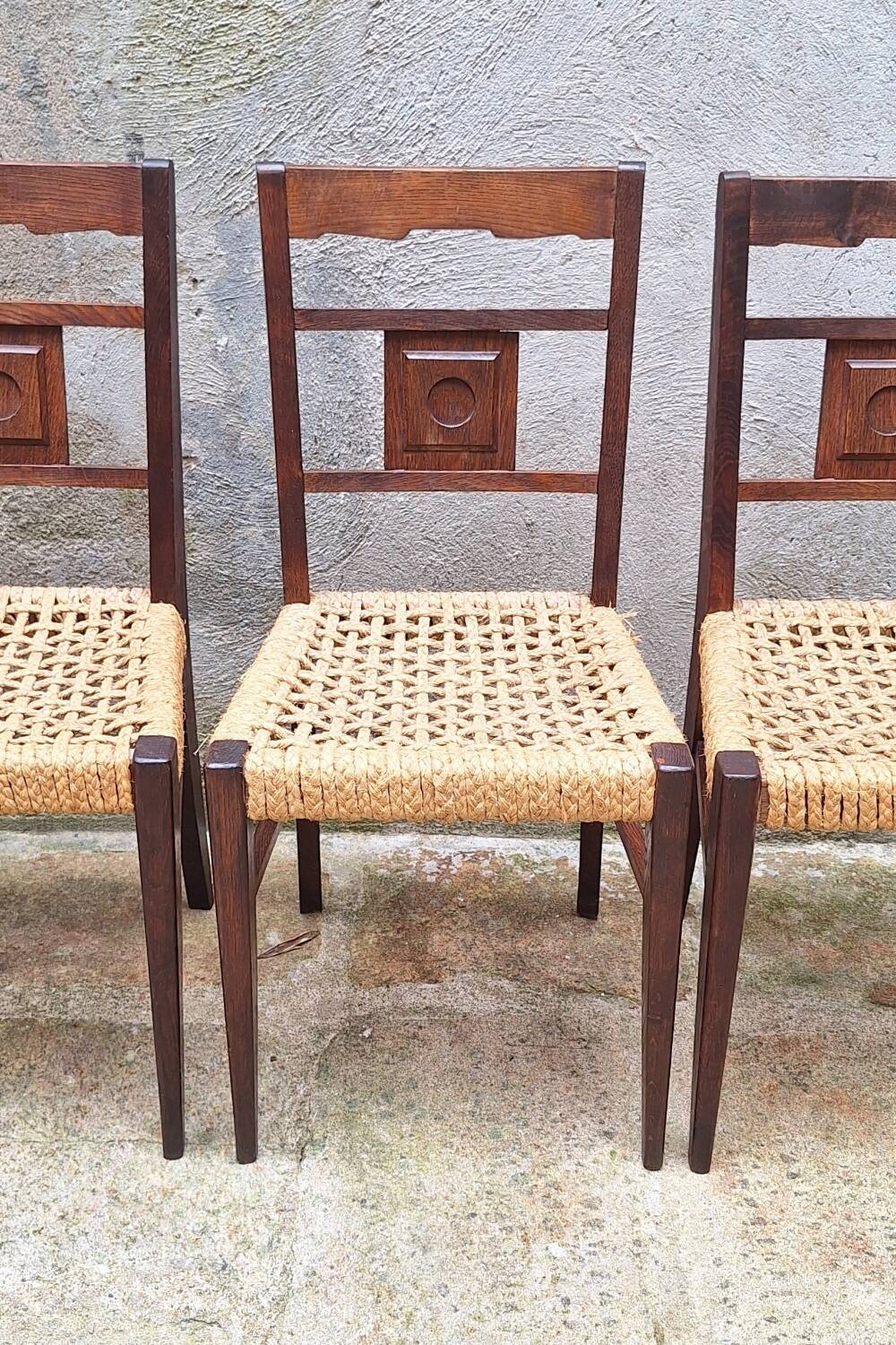 Set of 4 oak and rope chairs