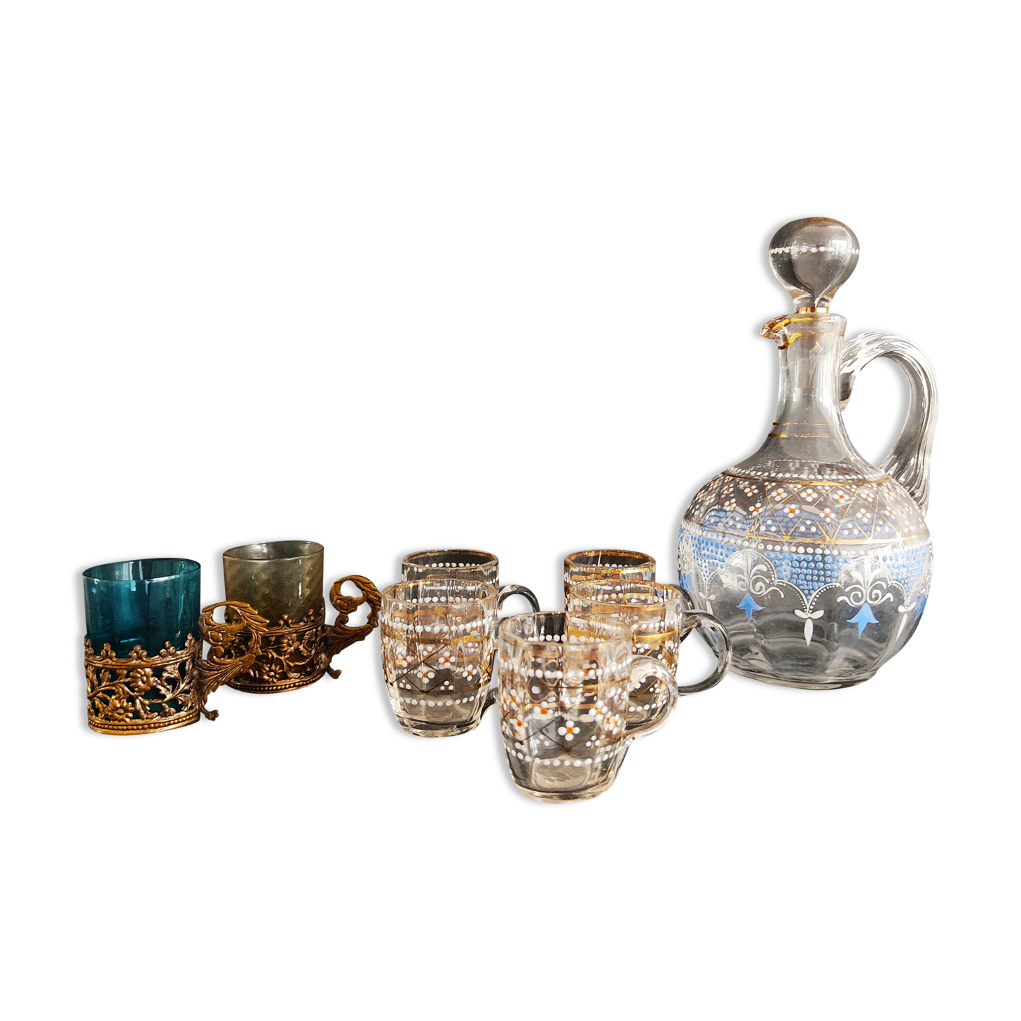 19th carafe liqueur service and 7 glasses