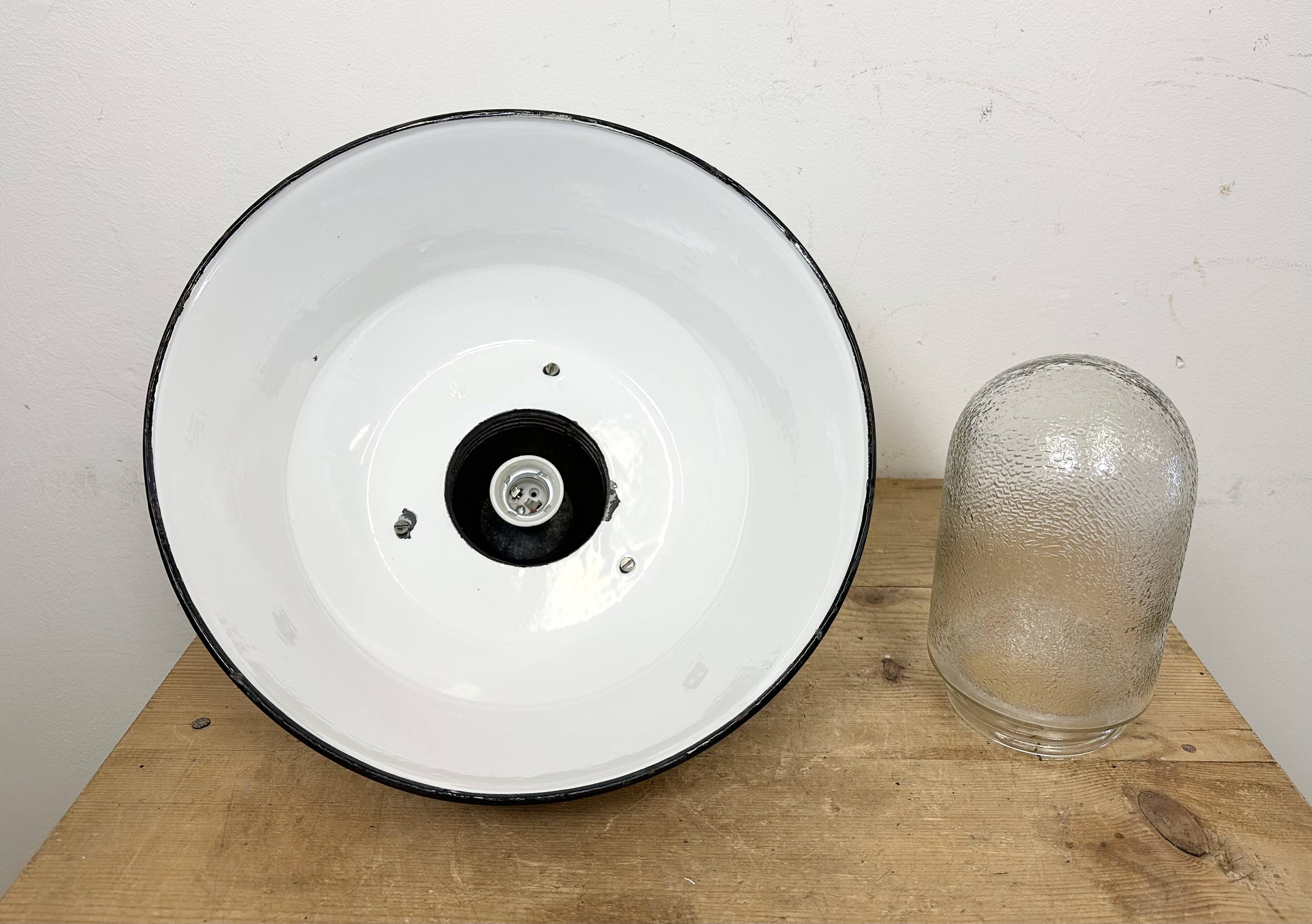White enamel and cast iron industrial pendant light with glass cover, 1960s