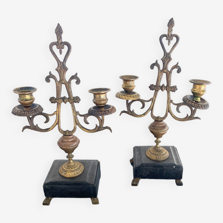 Paire de chandelier bougeoir candélabres ancien bronze antique | Selency