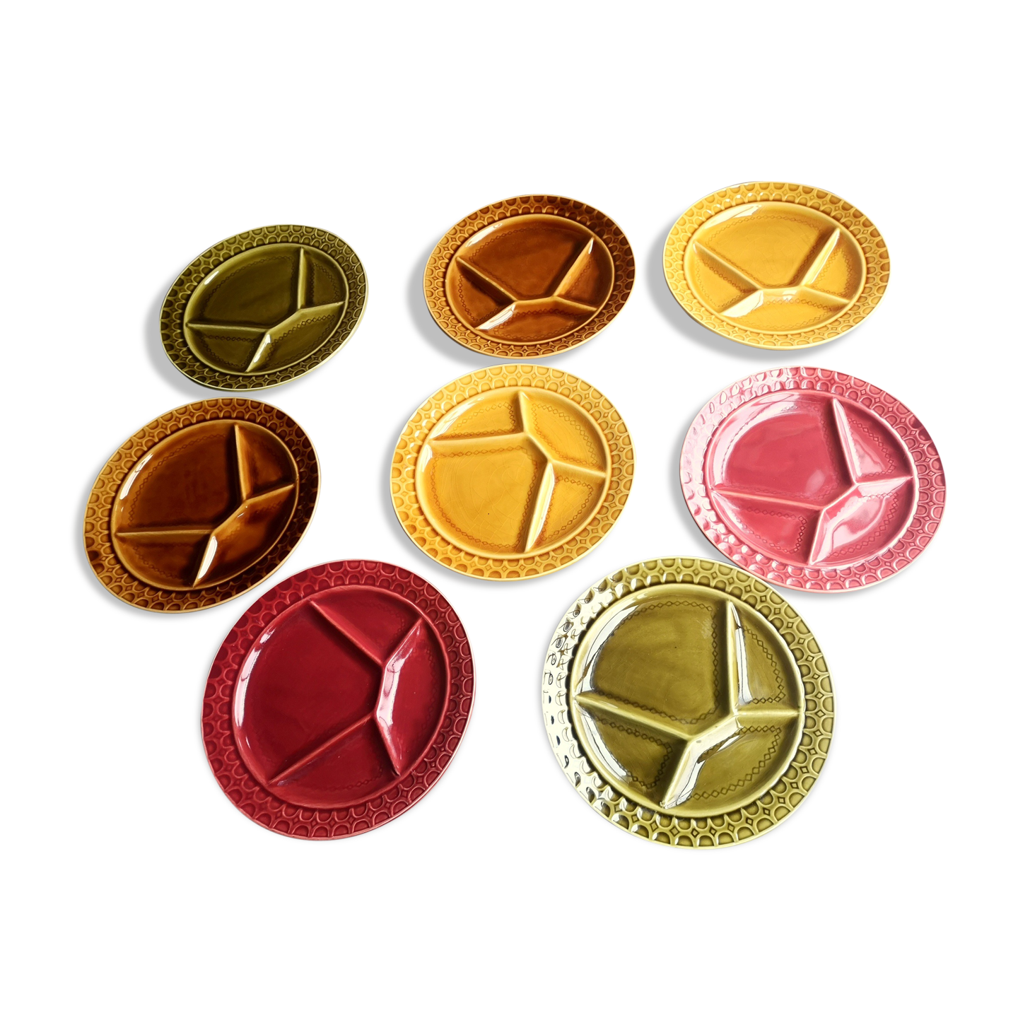 8 old ceramic fondue plates coloured Sarreguemines