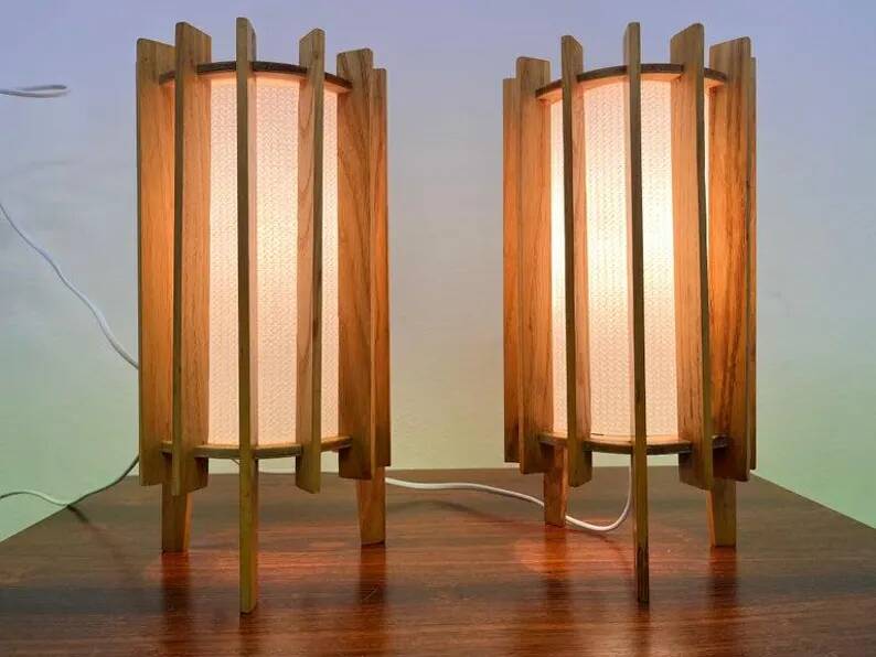 Ib fabiansen wooden space age table lamps by fog and mørup - denmark - 1960s