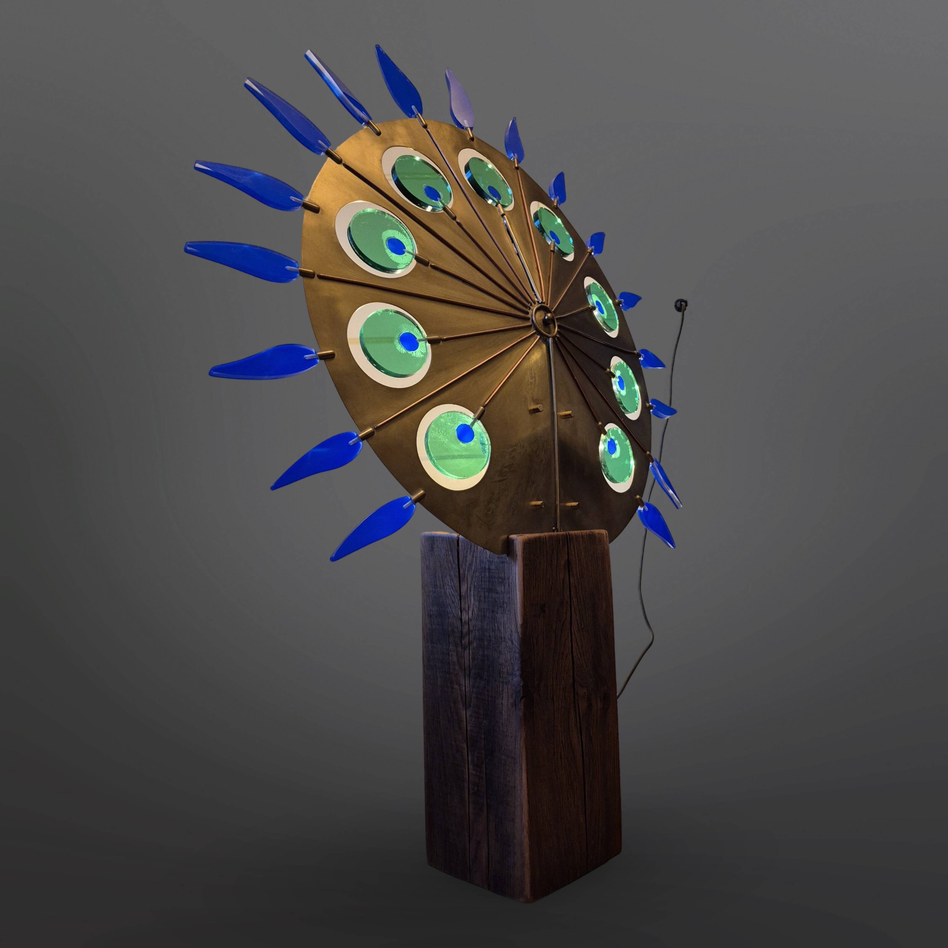 Lampadaire artisanal en laiton, chêne et plexiglas, Pays-Bas, années 1970