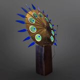 Lampadaire artisanal en laiton, chêne et plexiglas, Pays-Bas, années 1970