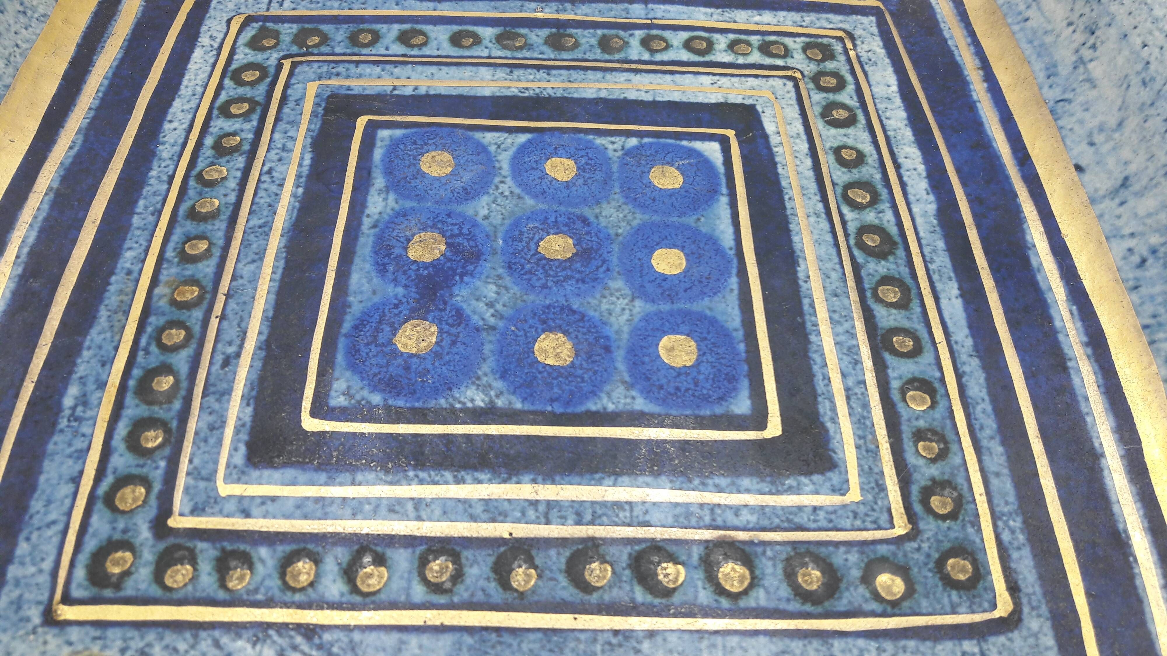 DECORATIVE CERAMIC DISH SIGN GEORGES PELLETIER GEOMETRIC DRAWING BLUE AND GOLD COLLECTION