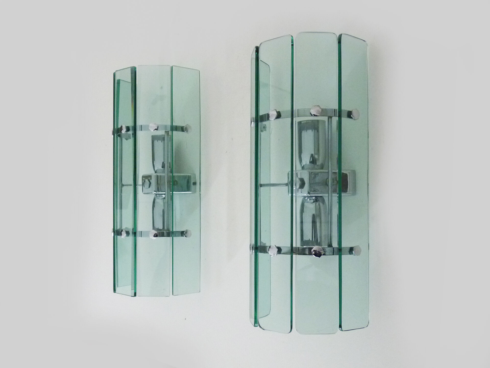 Pair of Italian Veca wall lamps in bluish glass, chrome, double lights