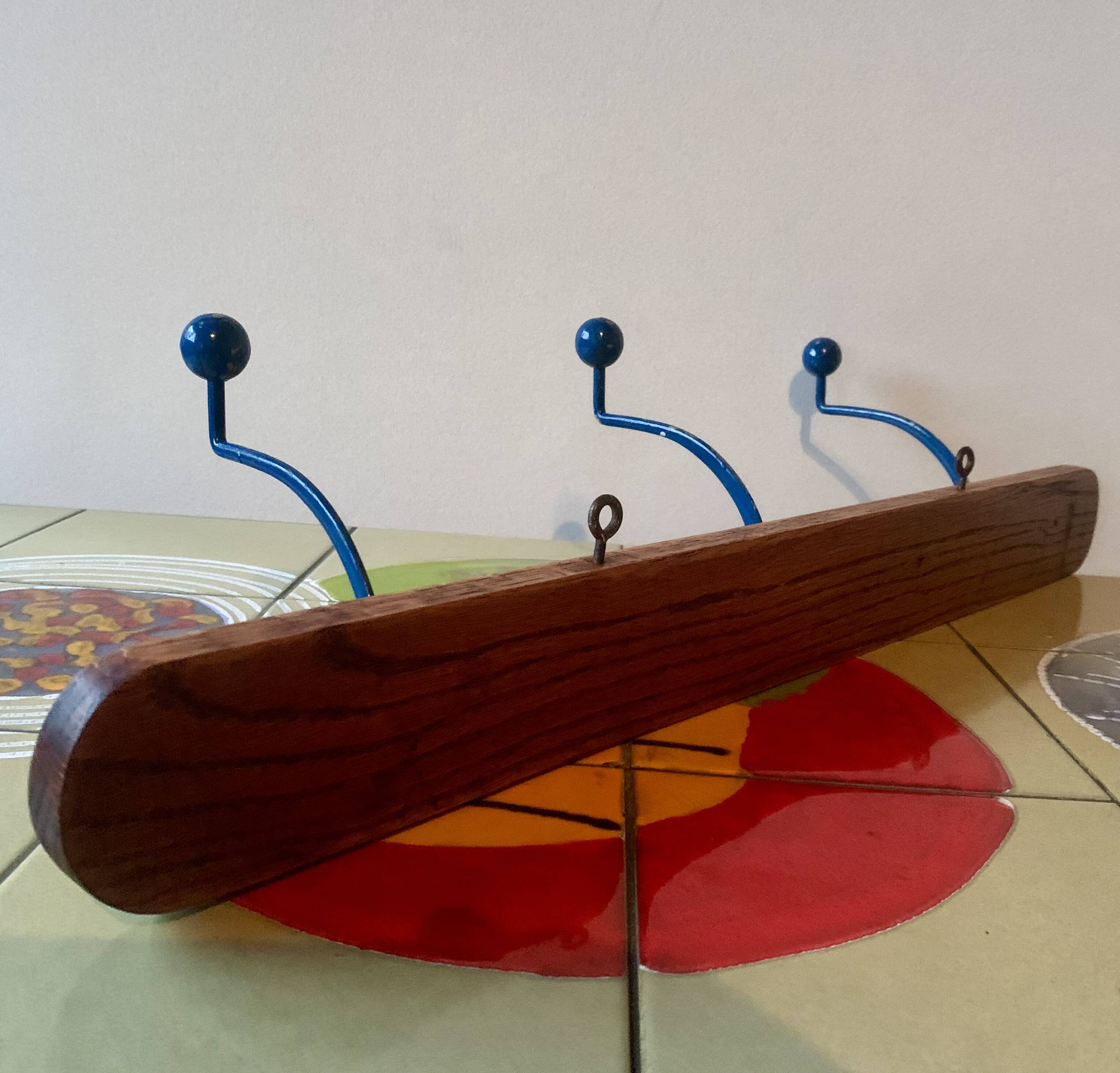 Vintage wooden wall coat rack - triple coat hook with blue metal balls
