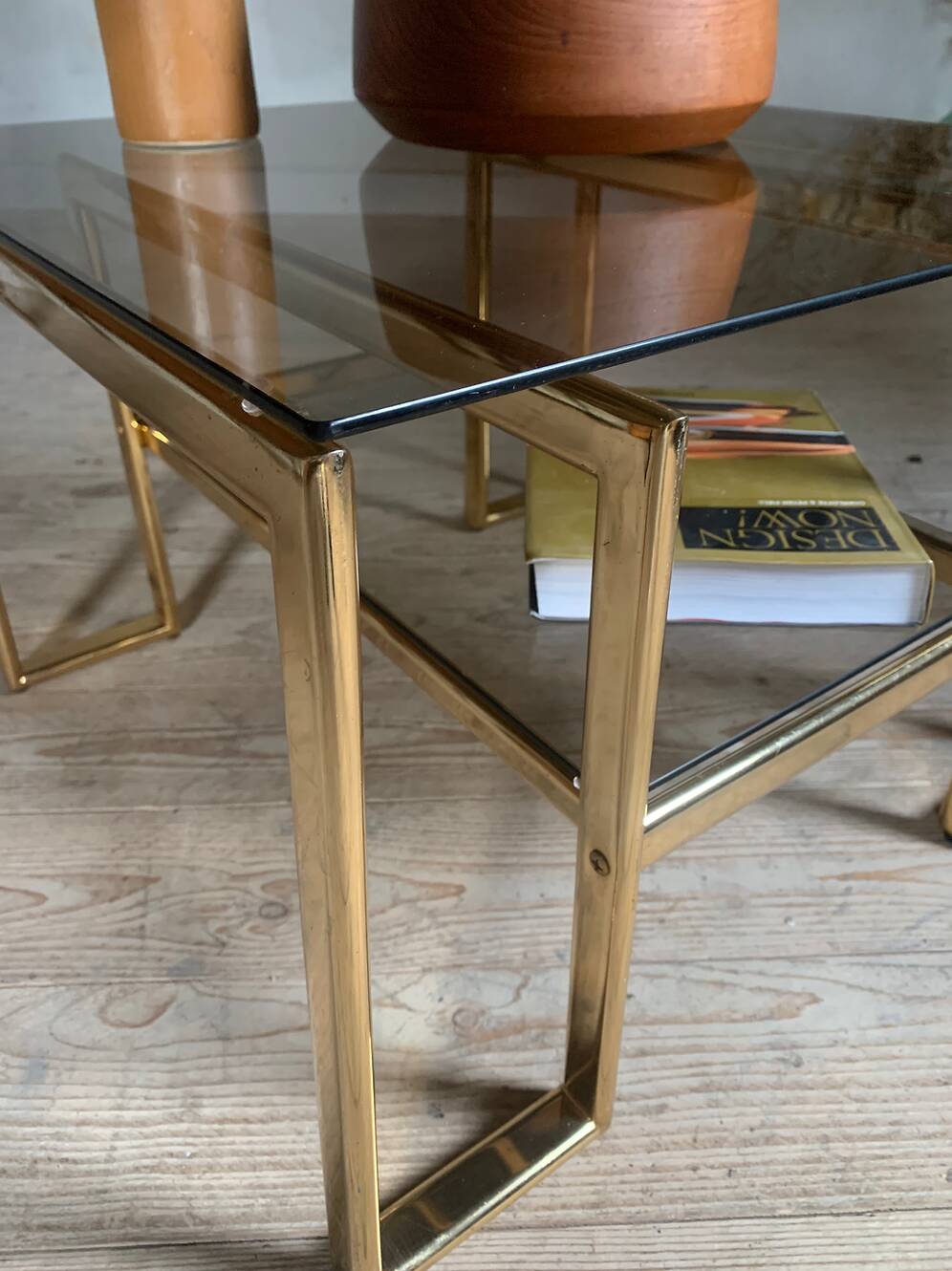 Vintage gold metal and smoked glass coffee table