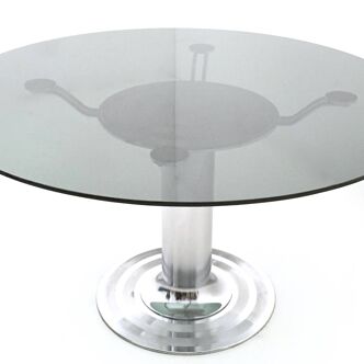 Table à manger en métal chromé avec plateau rond en verre trempé, Italie