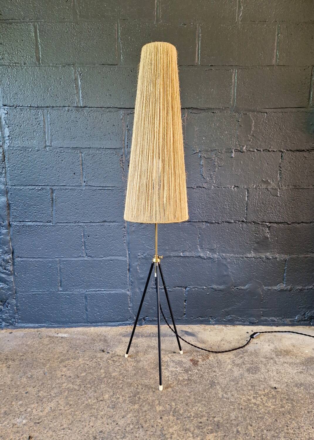 Mid-century tripod floor lamp, cord shade, 1950s-60s.