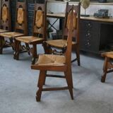 8 rustic oak chairs combining modern lines and Breton craftsmanship by a student of Joseph Savina 1950s