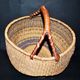 Vintage round basket in woven straw and leather - ethnic decorative ball basket