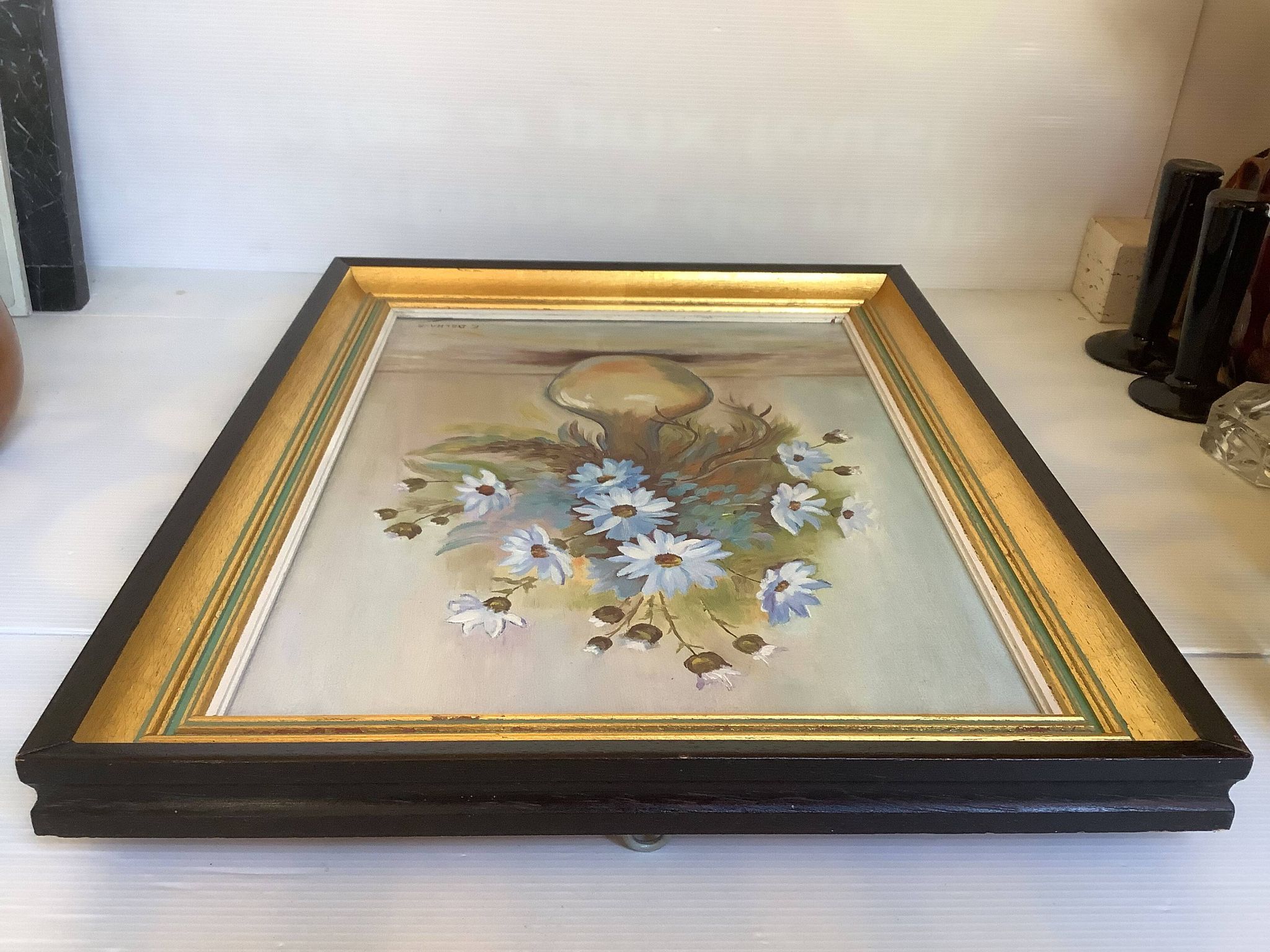 Painting of a bouquet of blue flowers, oil on canvas, signed.