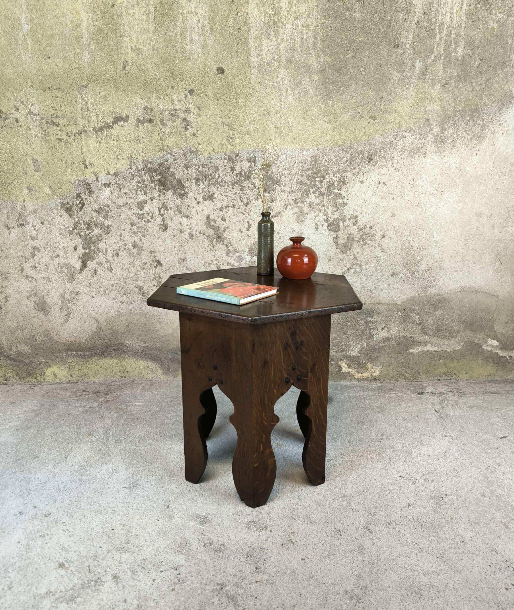 Vintage hexagonal side table in solid oak