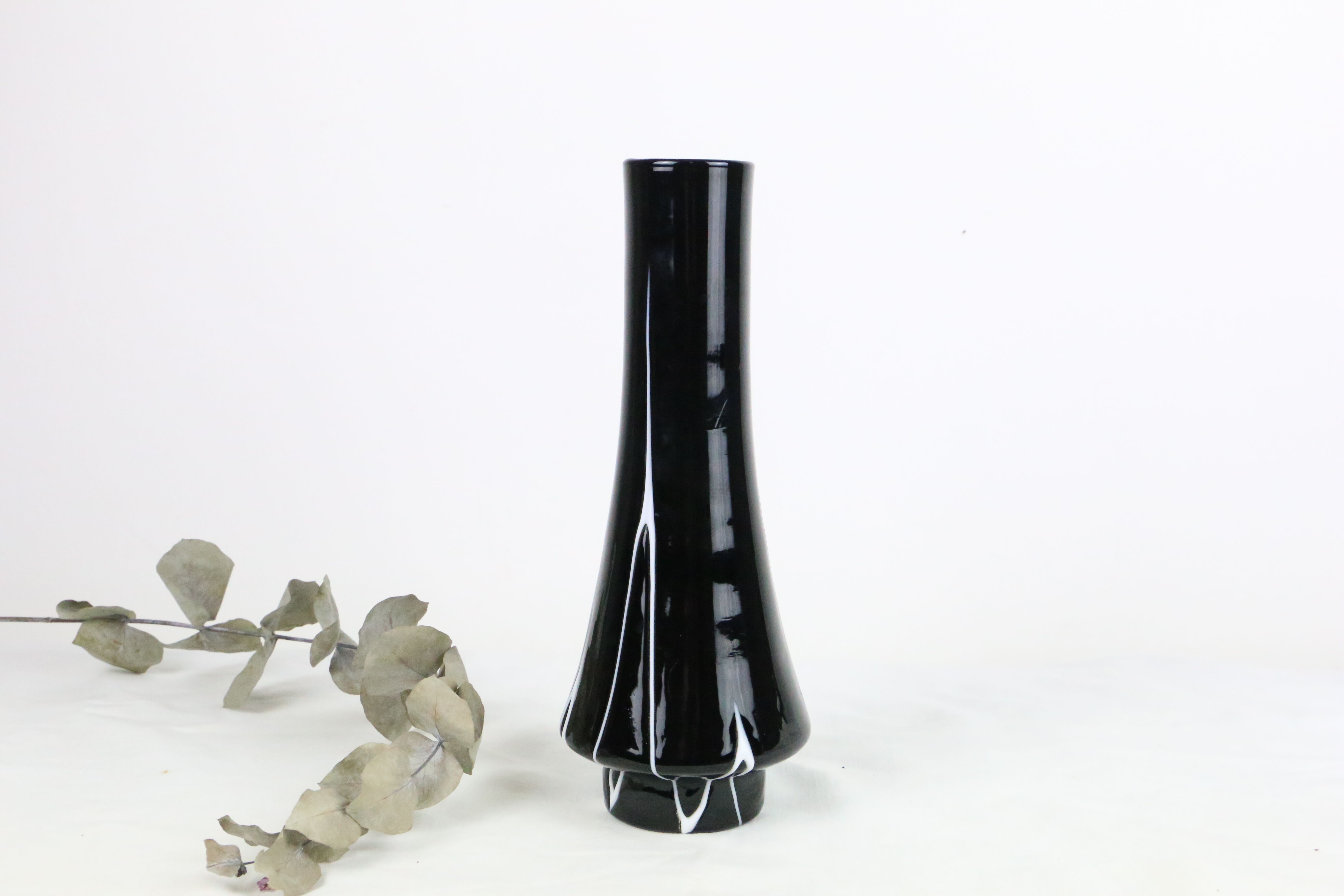 Black and white tempered glass vase, vintage 1960