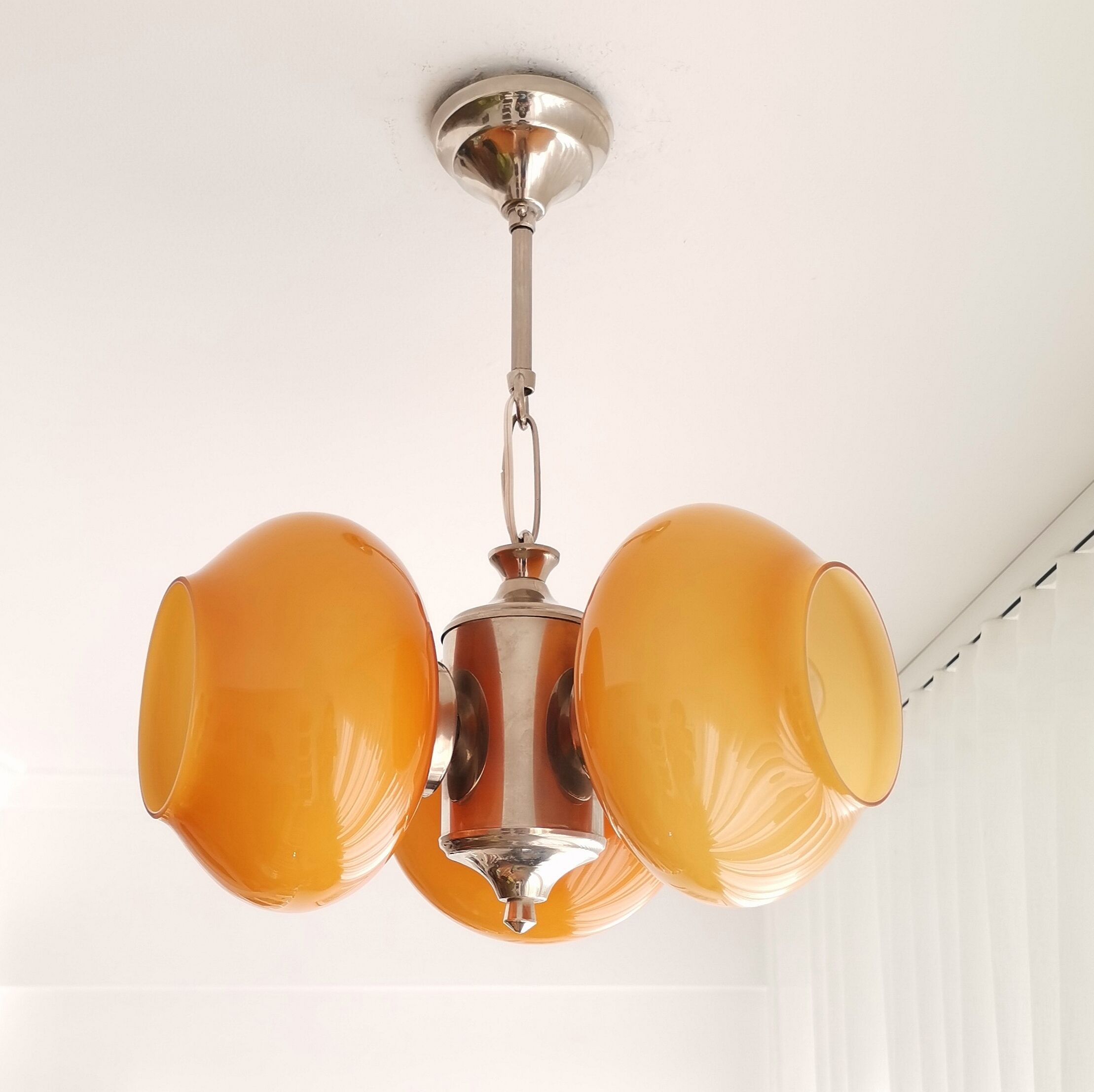 Vintage mid century modern 3-light orange glass chandelier