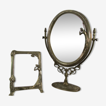 Tilting table mirror and art nouveau bronze photo holder