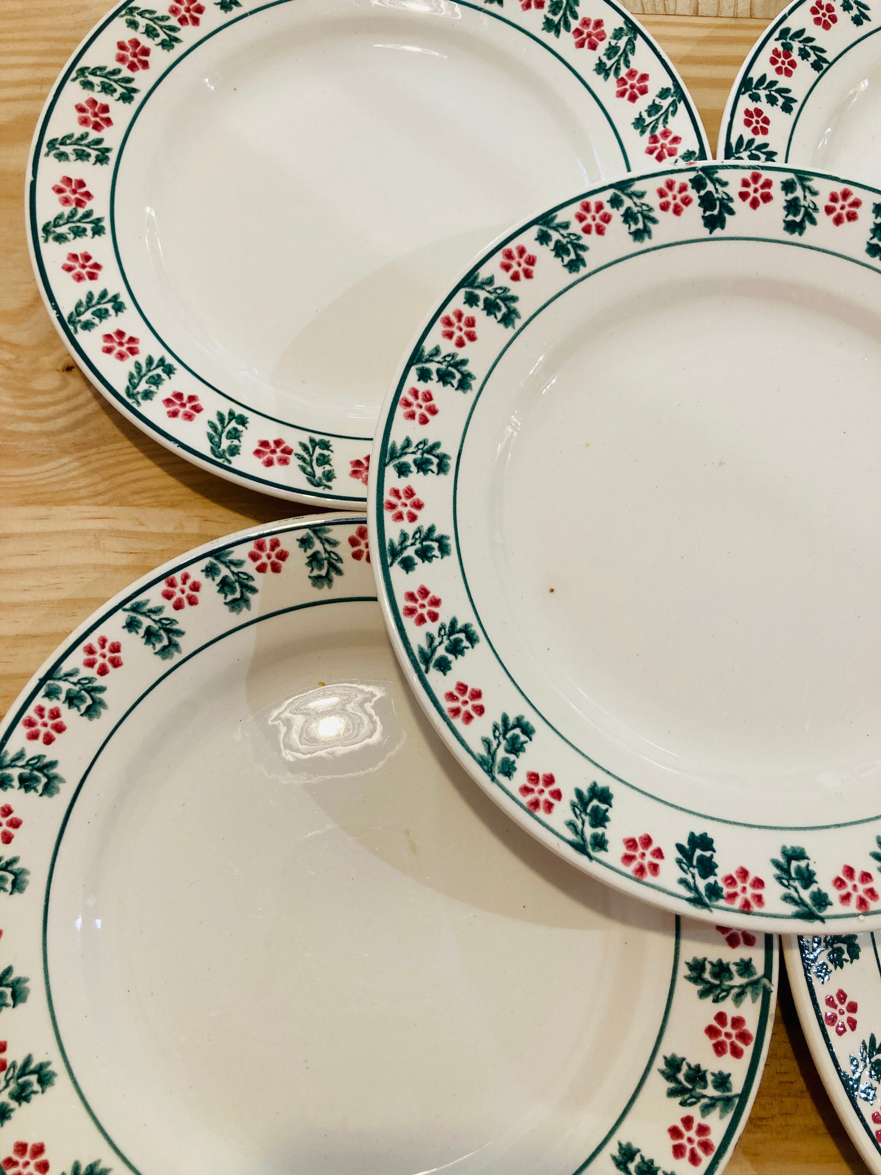 5 plates in faience with red and green flower pattern - ceranord-made in france