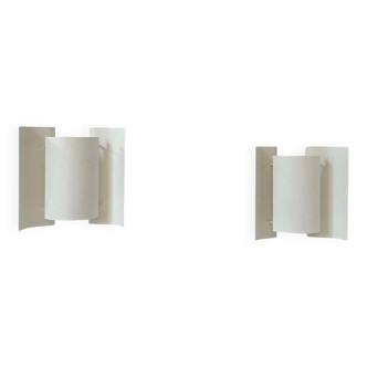 Pair of vintage wall lights, curved white metal, France 1970