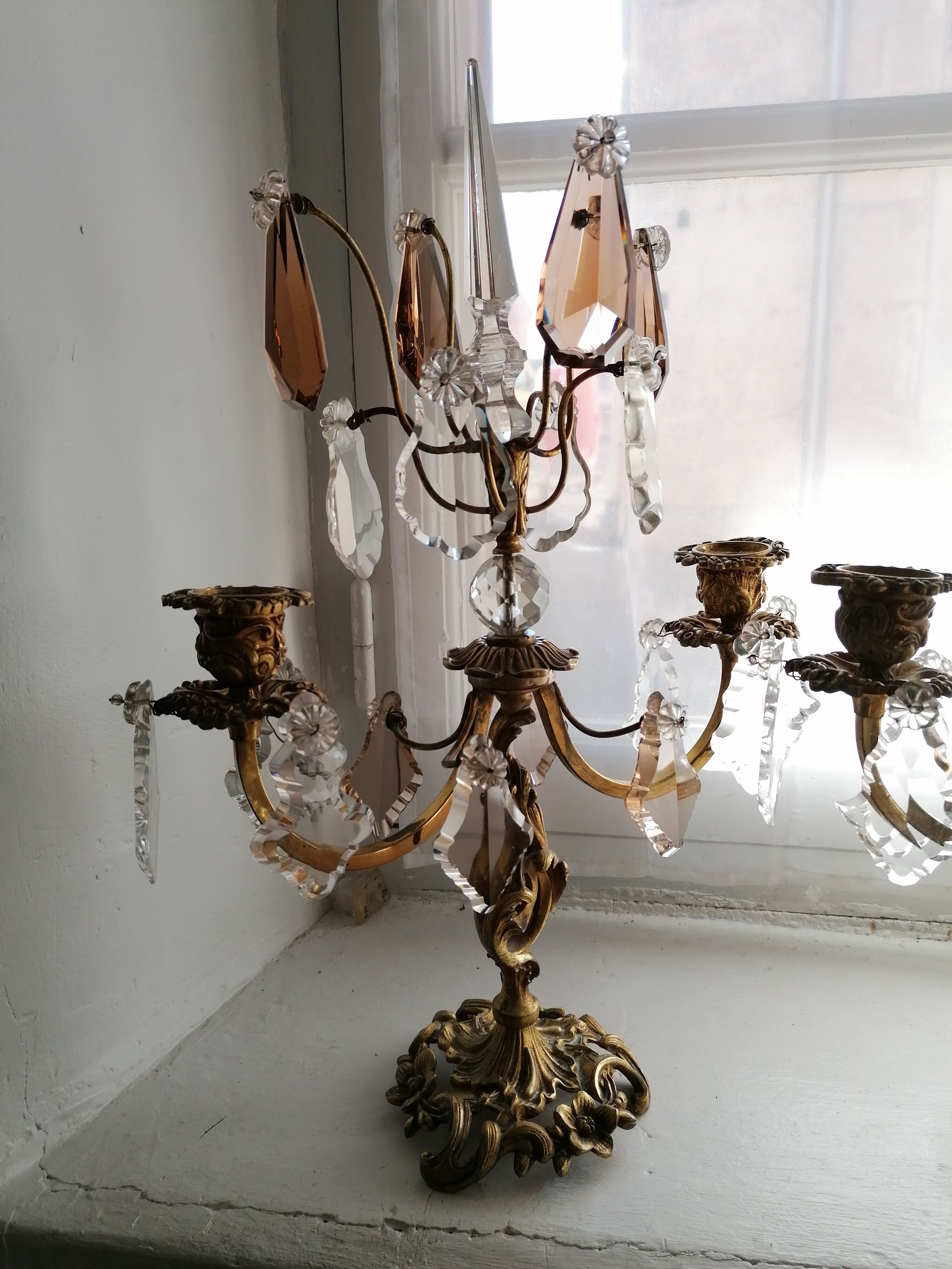 Pair of girandoles, candlesticks with crystal tassels
